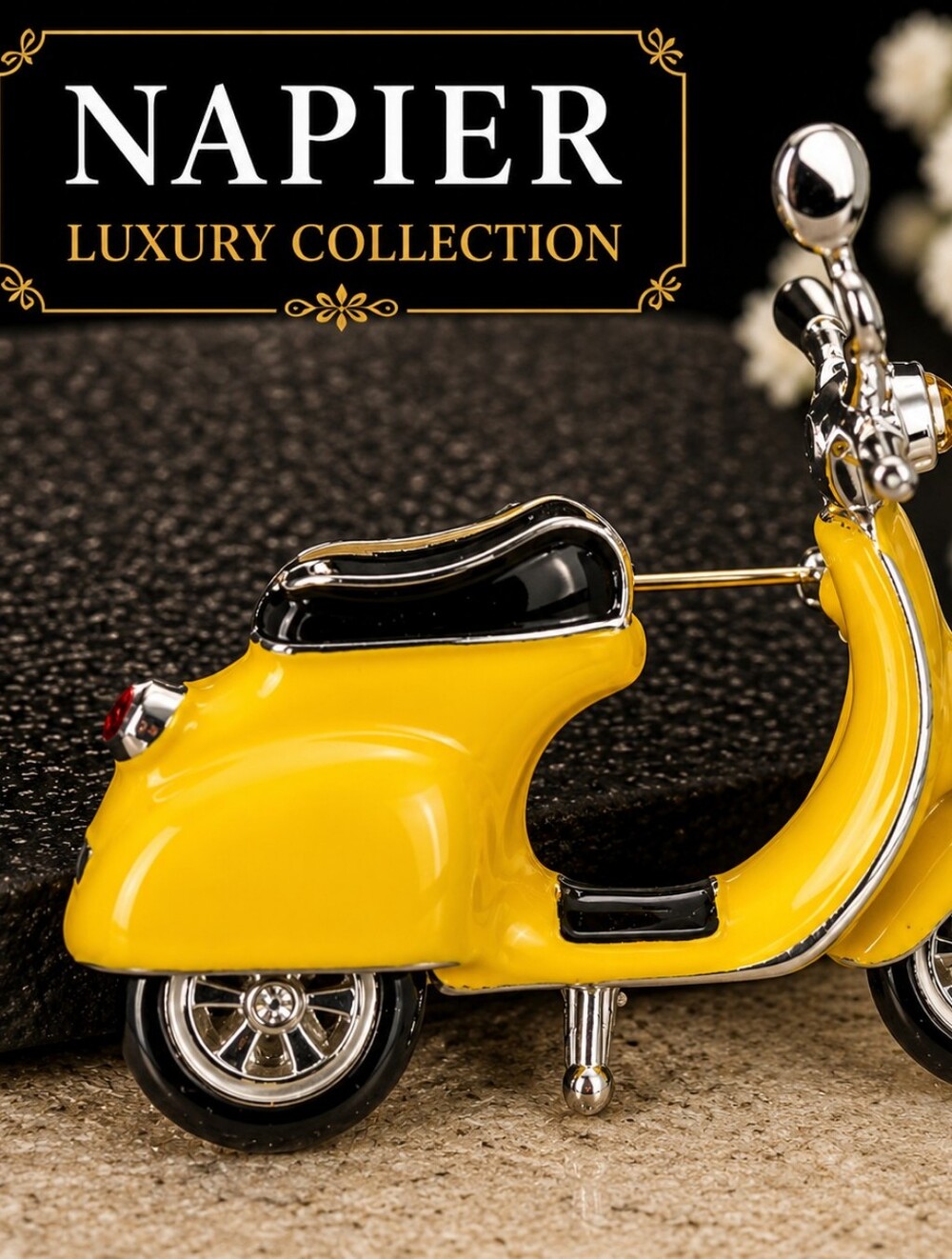 Napier Yellow Scooter Brooch Pin NOS Signed Vintage Enamel Articulating Vespa